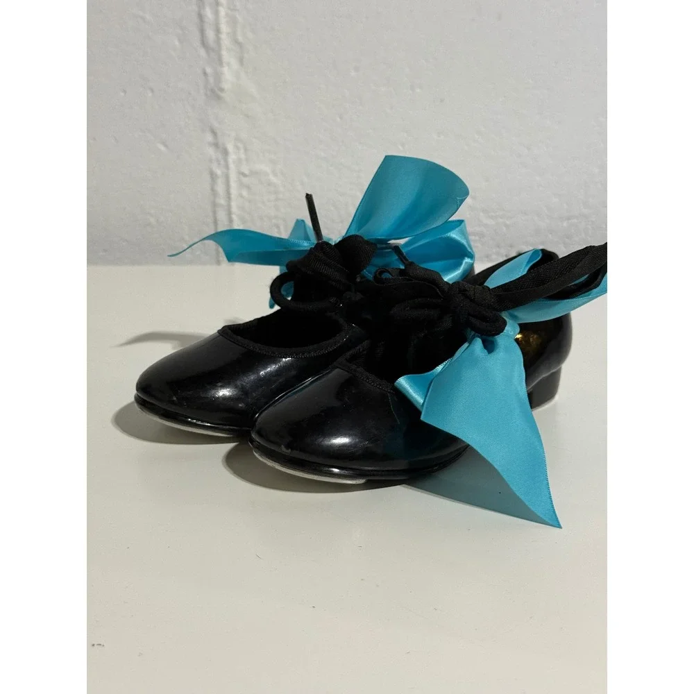 ABT American Ballet Theatre Kids Spotlights Tap Shoes Black Patent Blue Ribbon